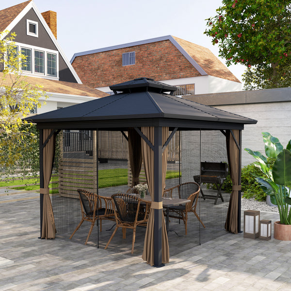10x10 Gazebo with Double-Tiered Metal Roof, Mosquito Netting, and Hanging Hook, Dark Brown
