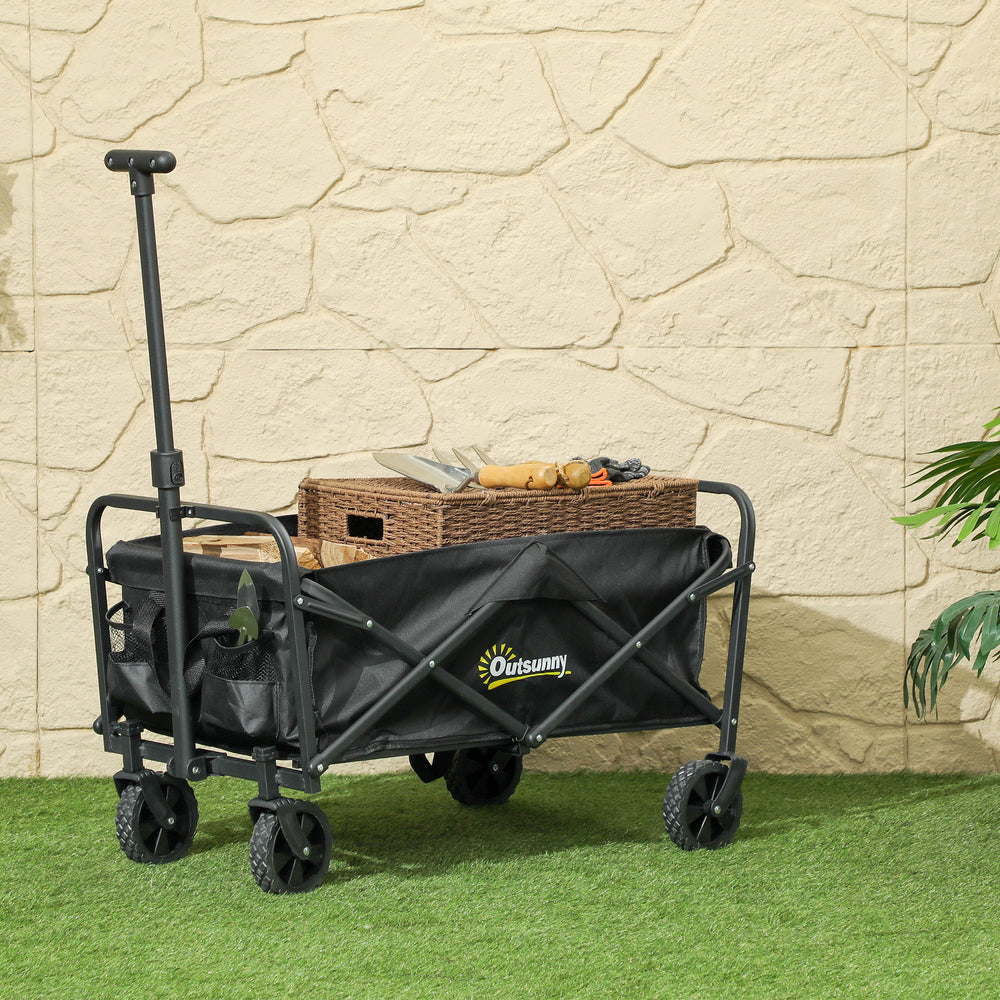 Folding garden cart with universal wheels and adjustable handle, black.