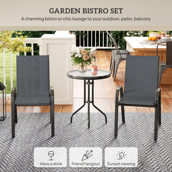 3 Pieces Bistro Set, Small Patio Furniture Set with Stackable Mesh Chairs, Glass Table for Garden, Balcony, Dark Grey