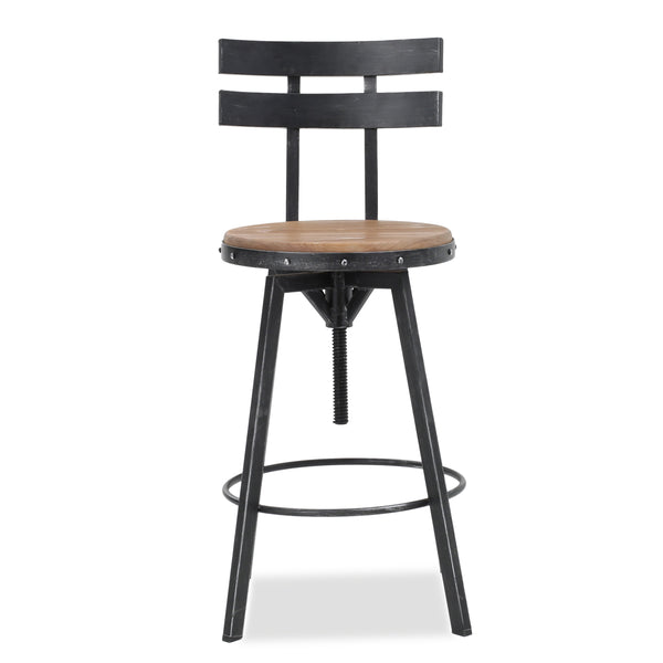 Adjustable metal bar stool with wooden seat, 360° swivel, antique black