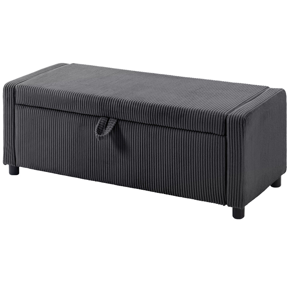 Dark gray corduroy tufted storage ottoman with thick padding, bedroom storage bench