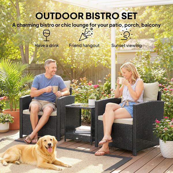 3-Piece Woven Resin Patio Furniture Set with Two-Tier Table and Glass Top, Beige