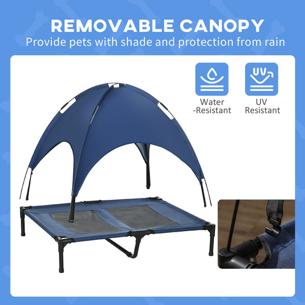 Elevated dog bed with canopy, dark blue