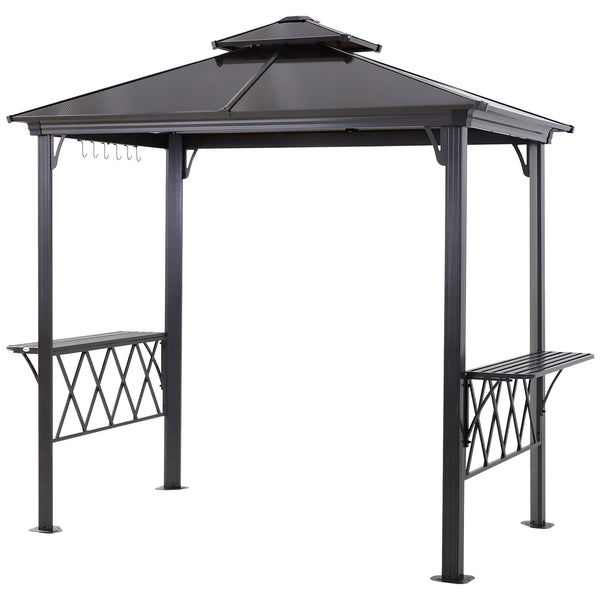 Outdoor Hardtop Grill Gazebo Cooking BBQ Canopy w/ 6 Hooks for Utensils and Double Vented PC Roof, Coffee