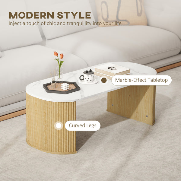 Modern marble effect coffee table with rounded corners and thick legs, natural wood