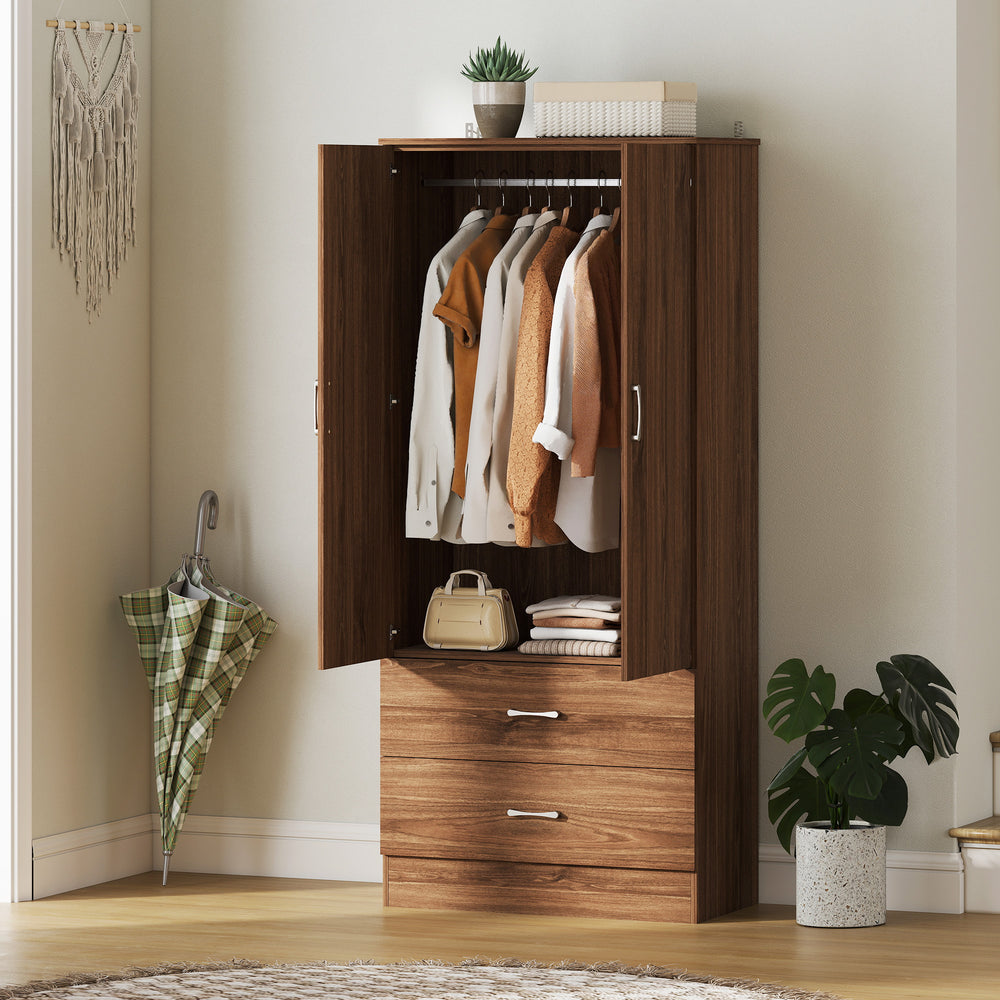 Wardrobe with hanging rod and 2 doors with 2 drawers, walnut