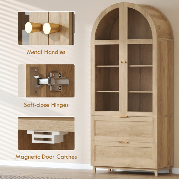 Tall oak-effect pantry with arched doors, drawers, and adjustable shelves