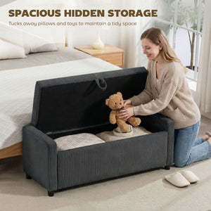 Dark gray corduroy tufted storage ottoman with thick padding, bedroom storage bench