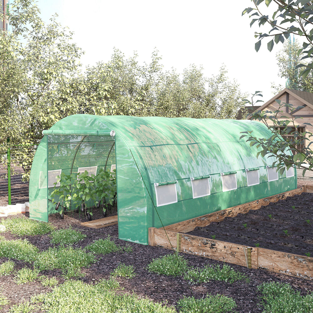 Large tunnel greenhouse with zipped door and 12 roll-up windows