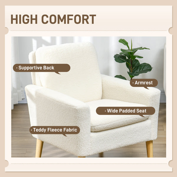 Modern upholstered armchair with wooden legs and wide padded seat, cream white