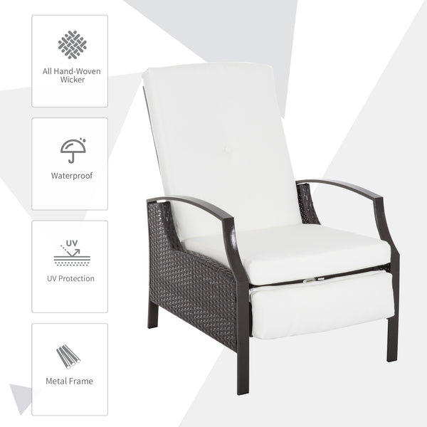 Outdoor reclining rattan chair with white cushion