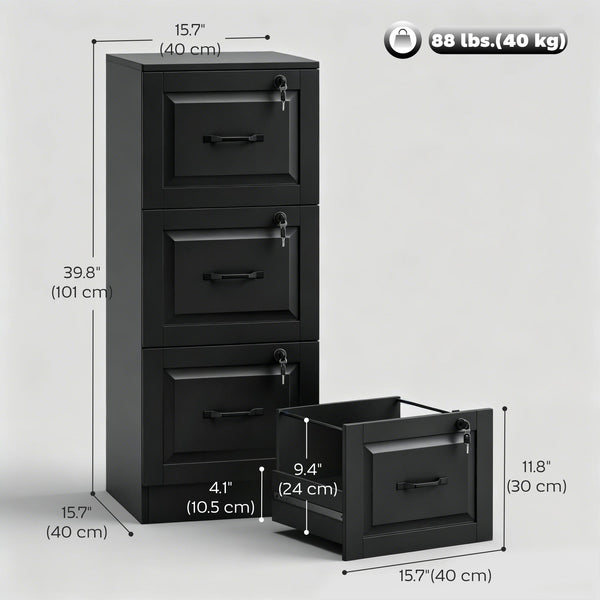 3-drawer vertical filing cabinet with lock, A4 and Letter compatible, black. Adjustable hanging rails.