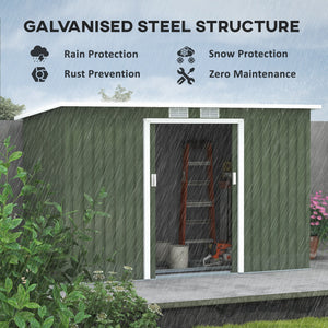 Metal garden shed with foundation kit, ventilation and doors, light green