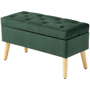 Storage ottoman with velvet upholstered lid and wooden legs, dark green