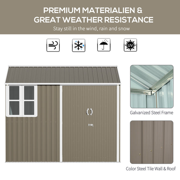 Metal garden shed with lockable door, ventilation, sloping roof, light grey