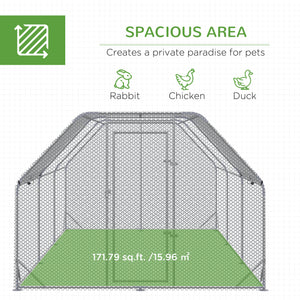 Large galvanized metal chicken coop with flat roof and tarp