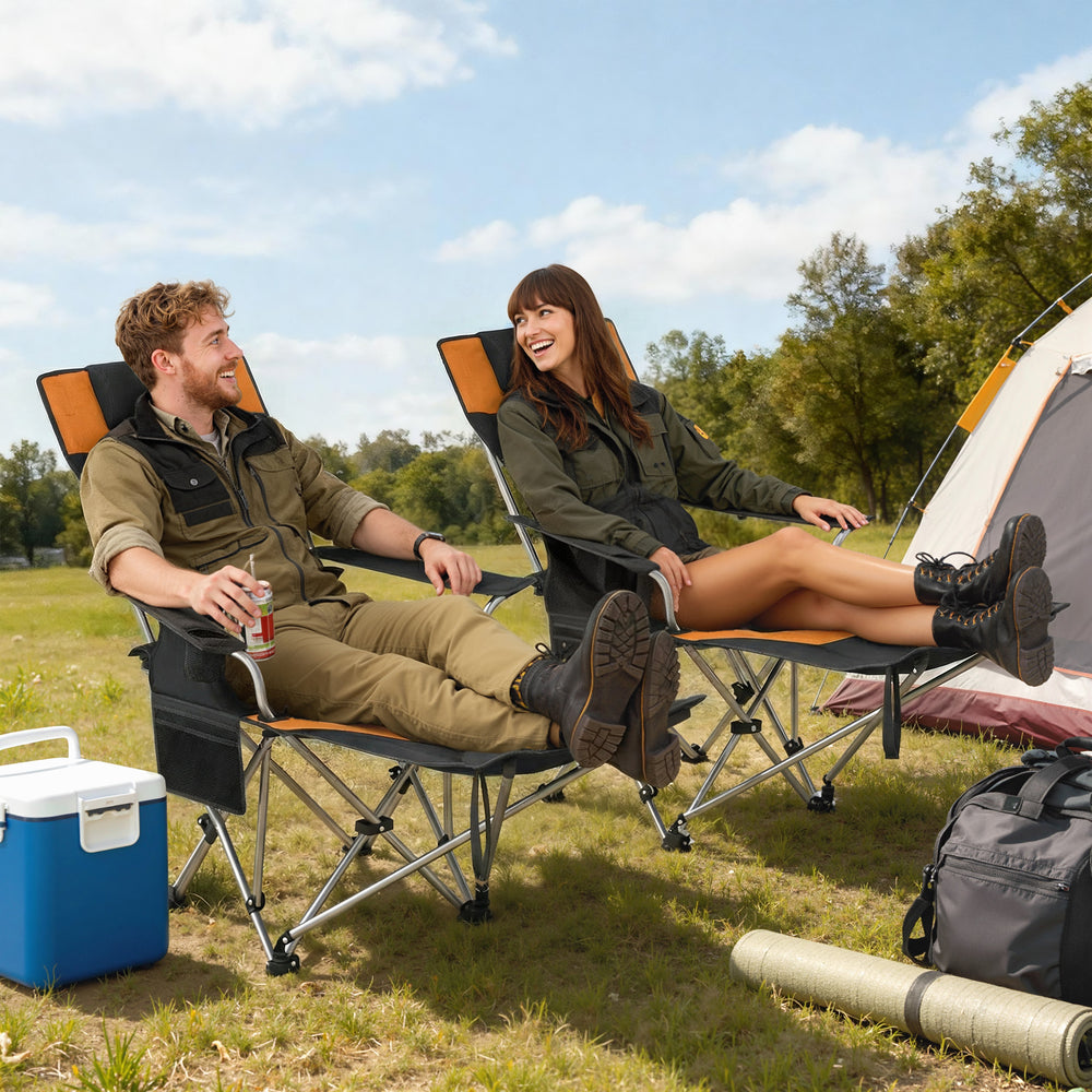 Set of 2 Reclining Camping Chairs with Footrests, Foldable with Headrest, Cup Holder, and Storage Bag, Orange