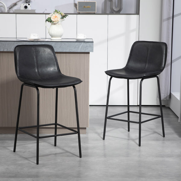 Set of 2 padded bar stools with steel legs, black