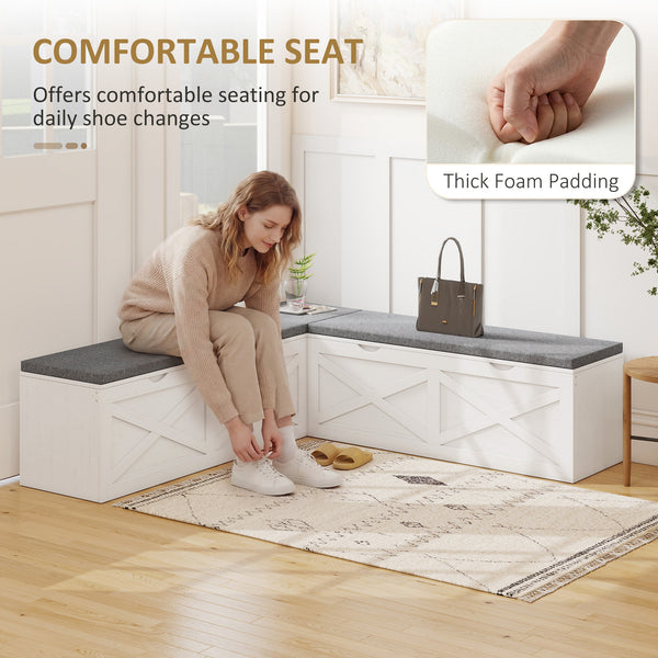 Modular entryway bench with 5 hidden storage compartments and padded cushions – White wood effect