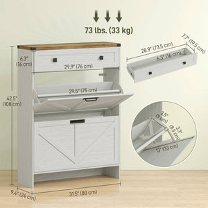 Country style shoe cabinet, with 2 drop-down drawers, 1 drawer, white