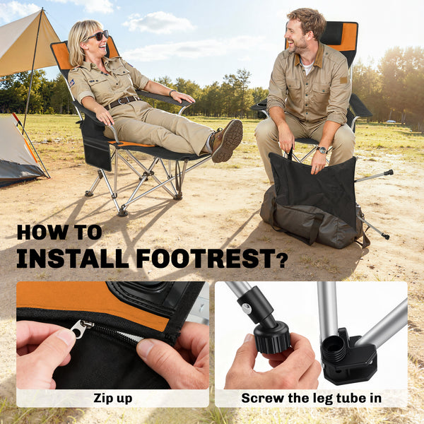 Set of 2 Reclining Camping Chairs with Footrests, Foldable with Headrest, Cup Holder, and Storage Bag, Orange