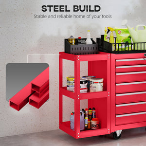 Mobile steel tool chest with 7 lockable drawers and side shelf, red