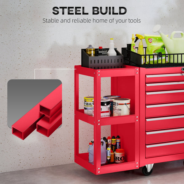 Mobile steel tool chest with 7 lockable drawers and side shelf, red