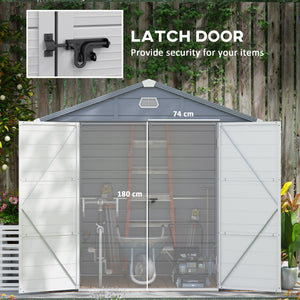 Plastic garden shed with latch door, ventilation, sloping roof, light grey