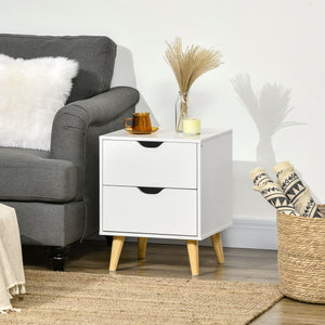 Modern bedside table with 2 drawers and pine legs, white