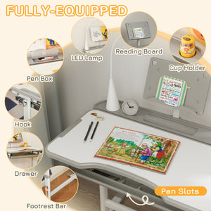 Height-adjustable desk and chair set with tilting top, gray