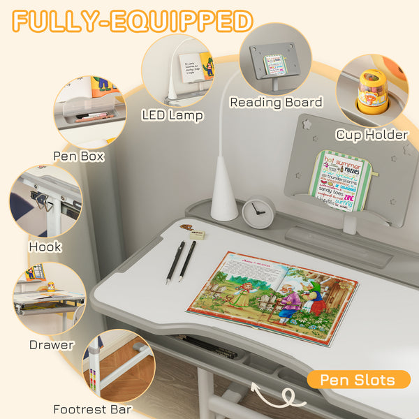 Height-adjustable desk and chair set with tilting top, gray