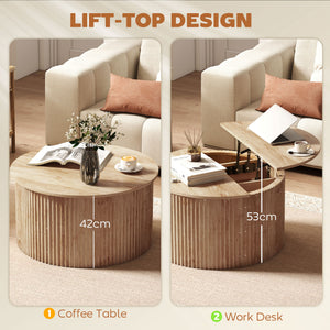 Lift-top round coffee table with hidden storage, natural wood effect