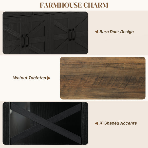 Sideboard with 4 barn doors and 3 drawers, coffee bar cabinet with adjustable shelves, black