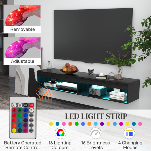 Modern wall-mounted TV cabinet with LED lighting for TVs up to 75 inches, black