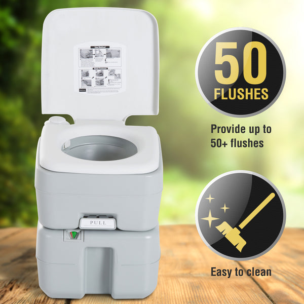Portable travel toilet with flush tank, level indicator and tap, 20 liters