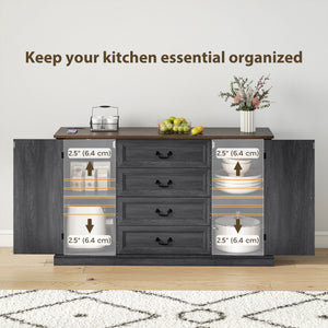 Farmhouse-style buffet with charging station, 4 drawers and 2 doors, black