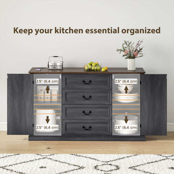 Farmhouse-style buffet with charging station, 4 drawers and 2 doors, black