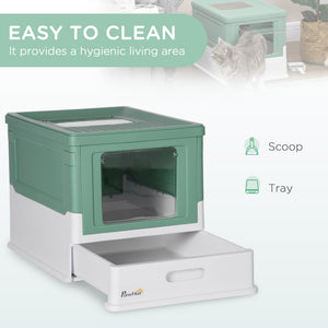Enclosed litter box with scoop and tray, green