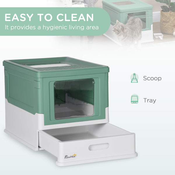 Enclosed litter box with scoop and tray, green