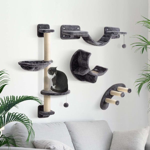 Cat climbing wall with scratching post, balls and platforms, dark grey