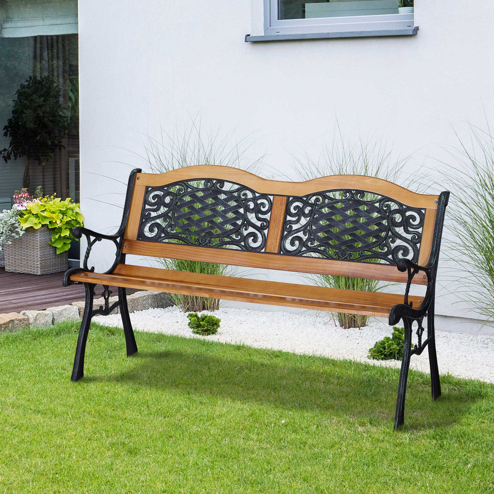 Two-seater outdoor garden bench, wooden and metal frame with a backrest adorned with plastic patterns, natural wood