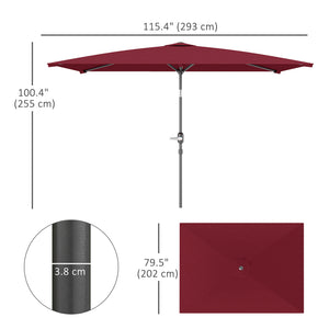 2 x 3 m Rectangular Tilting Aluminum Garden Parasol, Garden Umbrella, Outdoor Parasol with Crank, Wine Red