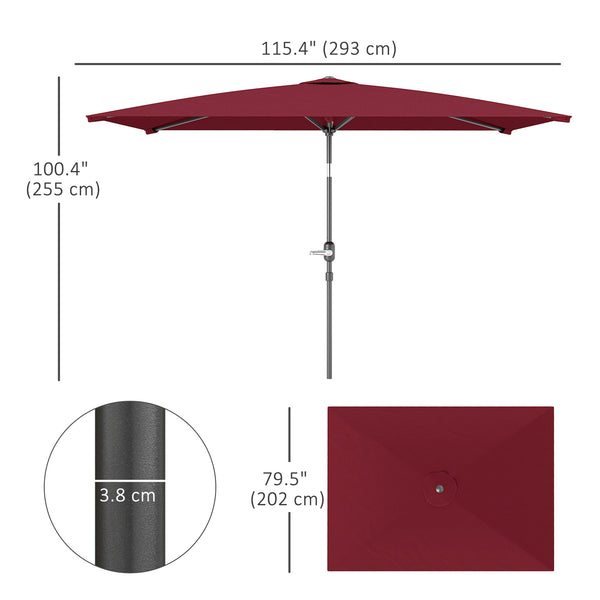 2 x 3 m Rectangular Tilting Aluminum Garden Parasol, Garden Umbrella, Outdoor Parasol with Crank, Wine Red