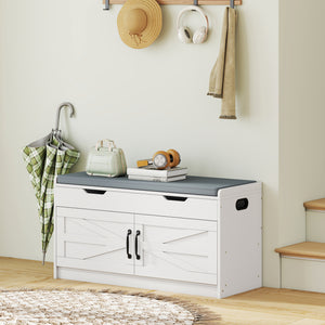 Shoe storage bench with 2-tier cabinet, hinged lid, padded cushion for hallway, white