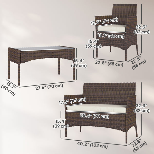 4-Piece Wicker Patio Furniture Set with Loveseat, Chairs and Beige Glass Coffee Table