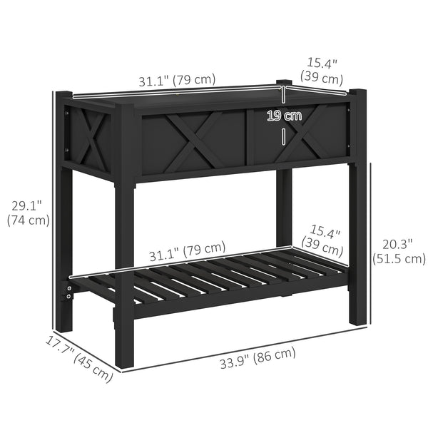 Wooden Raised Bed with Storage Shelf, Drainage Holes and Liner, 86 x 45 x 76 cm, Black
