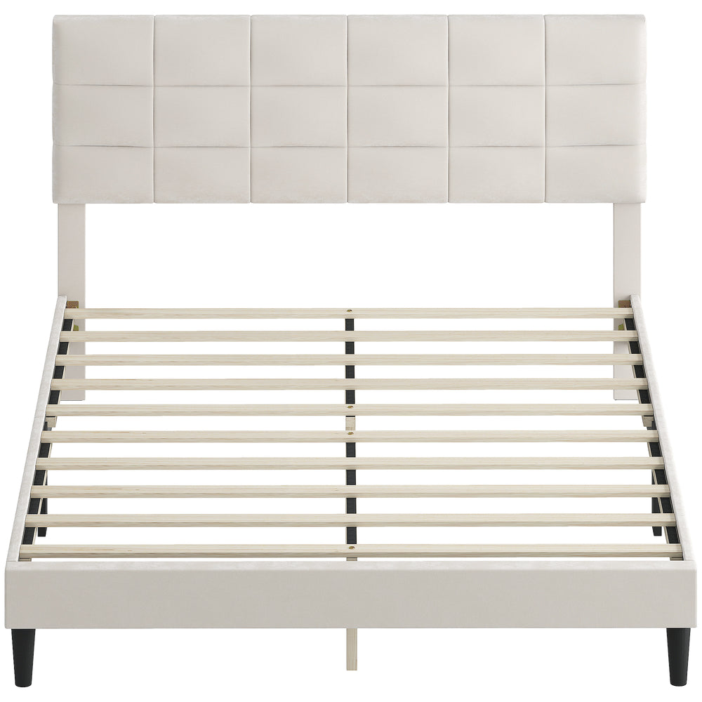 Queen Size Bed Frame with Upholstered Headboard and Wooden Slats, Cream Color