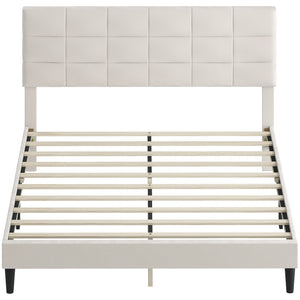 Queen Size Bed Frame with Upholstered Headboard and Wooden Slats, Cream Color