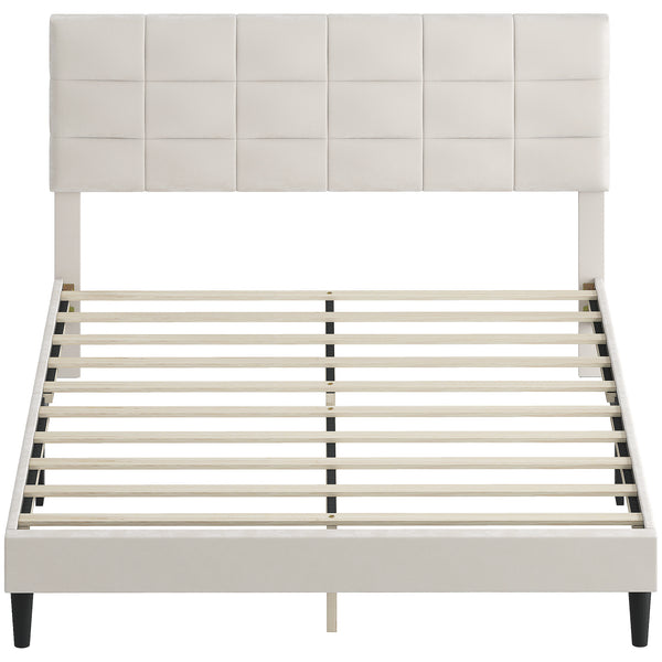 Queen Size Bed Frame with Upholstered Headboard and Wooden Slats, Cream Color