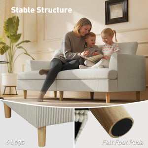 Three-seater sofa upholstered in modern corduroy, thick spring cushions, solid wood legs and armrests, beige